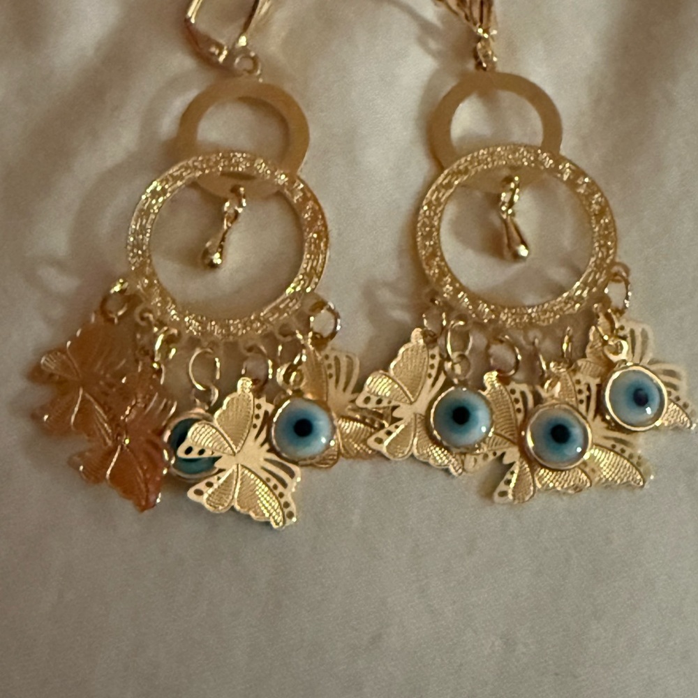New Oro Laminado Gold Evil Eye Butterfly Dangle Earrings
